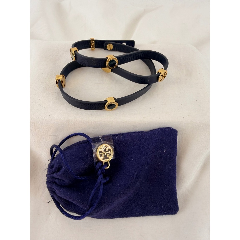 Tory Burch Reva Navy Saffiano Leather‎ Gold Logo Double Wrap Bracelet